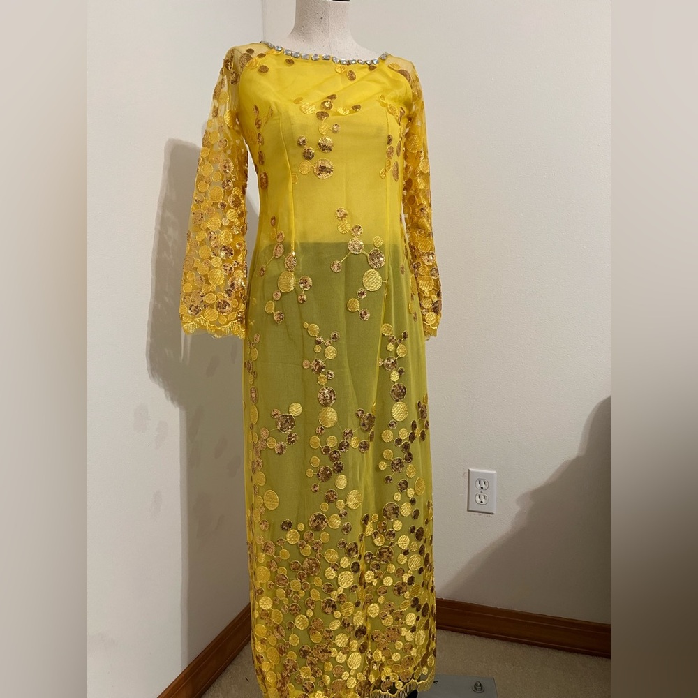 Asian Ao Dai  Dress . Gold Sequin Embellished Fabric dress size M.
